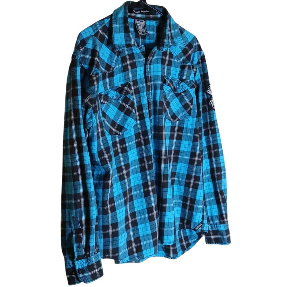 South Pole Mens XXL Blue Black Plaid Shirt Front Snap Long Sleeve Graphic Button - Picture 3 of 11